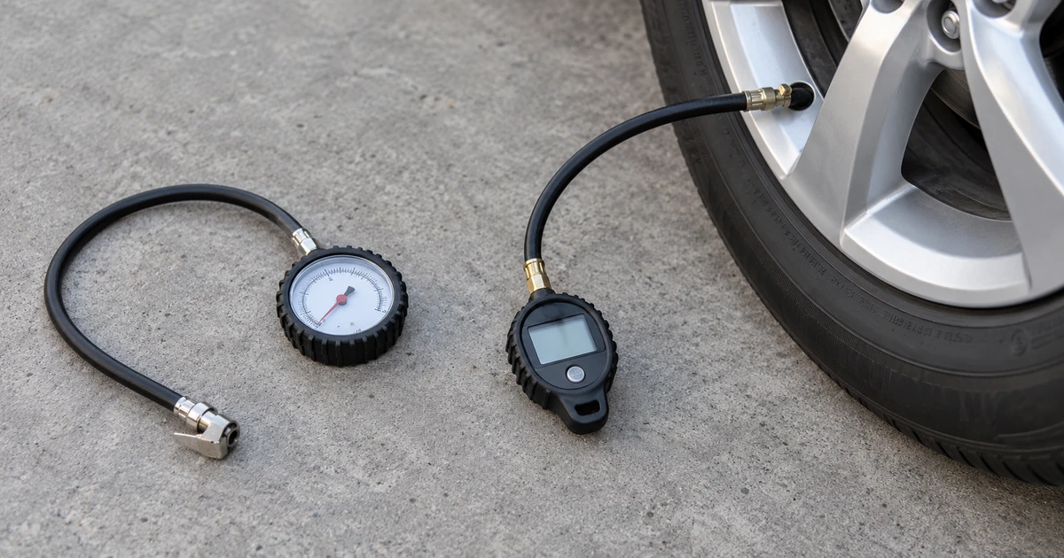 A digital tire pressure gauge reading a tire valve next to a dial gauge on the same tire