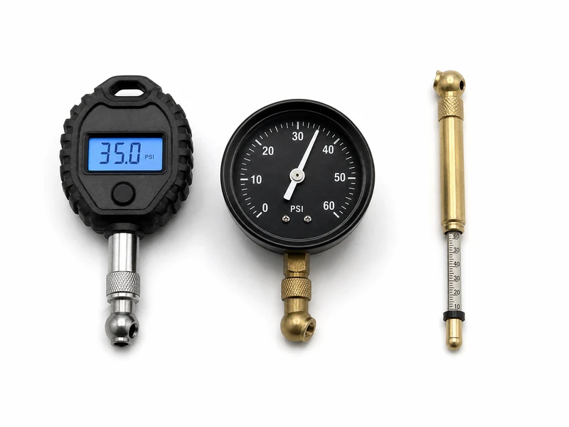 Comparison photo of three tire pressure gauge types side by side: digital LCD gauge, dial gauge with round clock face, and pencil stick gauge