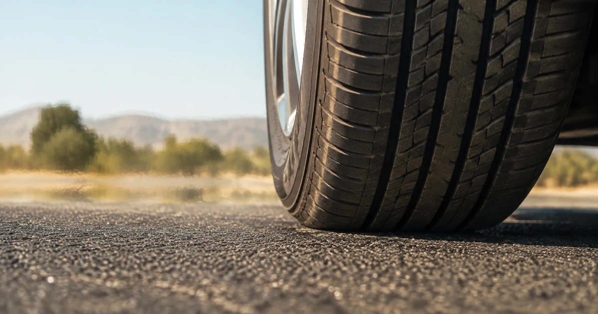 A car tire on sun-baked hot asphalt with heat shimmer, illustrating hot vs cold tire pressure