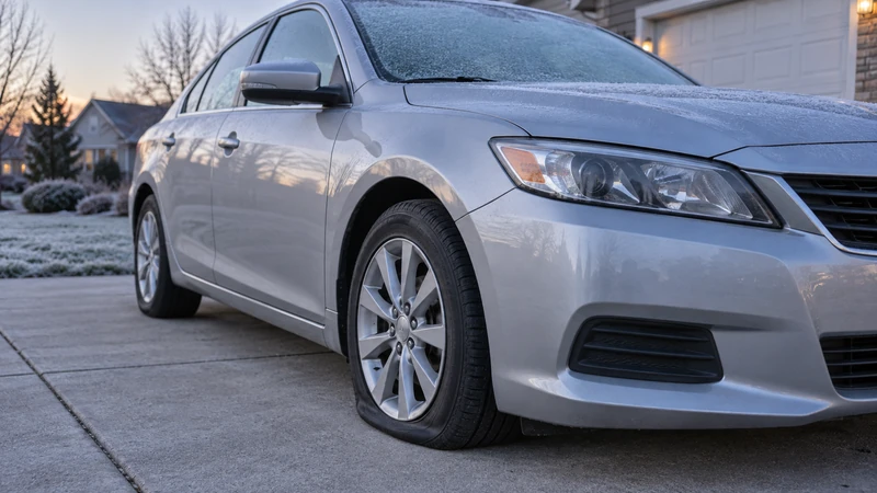 A parked sedan with a low front tire at dawn, illustrating why TPMS does not replace a visual tire check