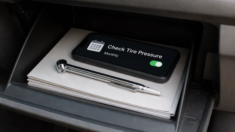 A tire pressure gauge stored in a car glove box next to a phone showing a monthly reminder — how to build the monthly checking habit