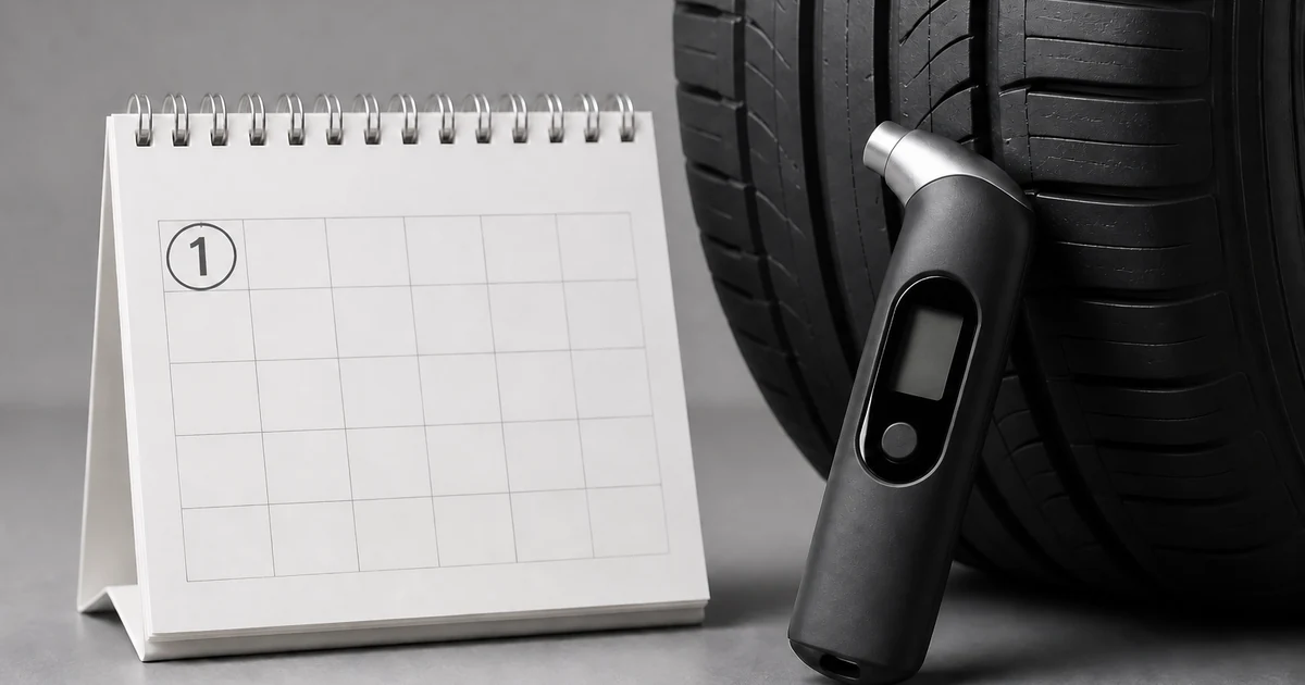 How often to check tire pressure — a monthly calendar reminder beside a tire pressure gauge on a car tire