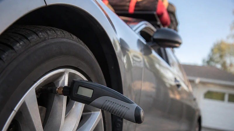 Checking tire pressure before a long trip — a car packed with luggage while the driver gauges a front tire