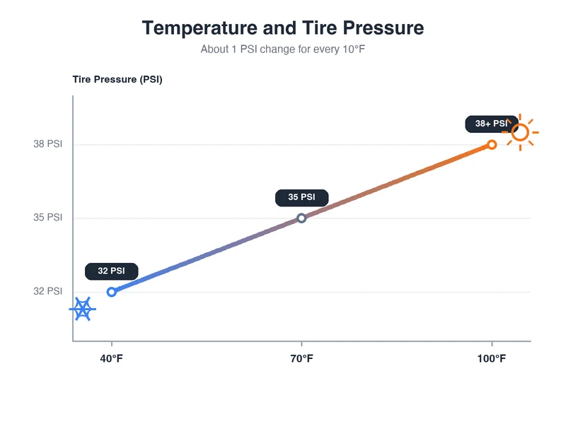 Tire pressure vs temperature chart — pressure drops about 1 PSI for every 10°F decrease, and rises as temperatures climb