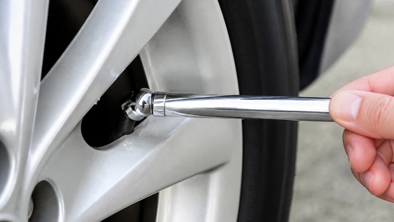 Checking tire pressure with your own gauge at a gas station — pressing a gauge onto the valve stem