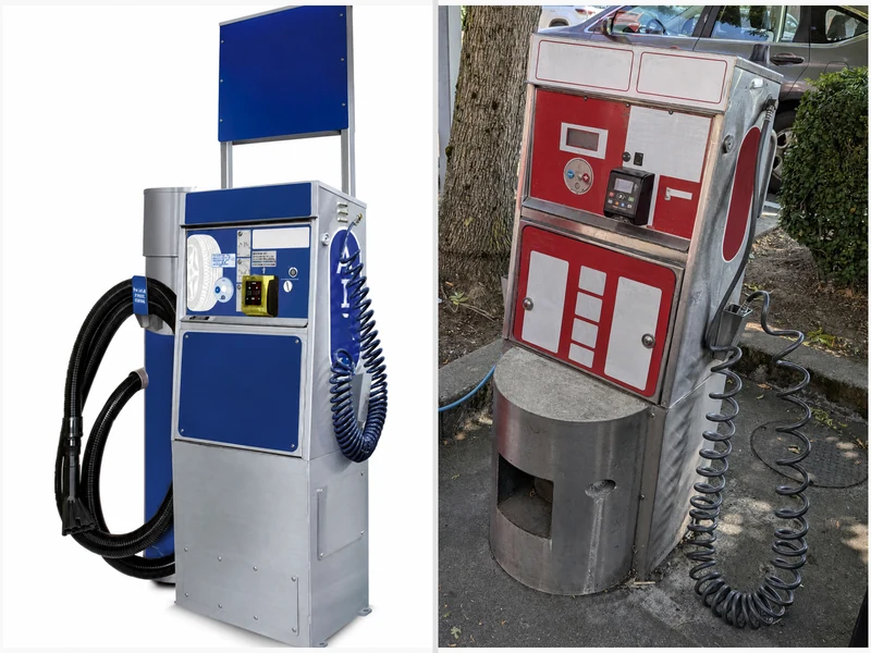 Digital gas station air pump with keypad next to an older coin-operated manual air pump