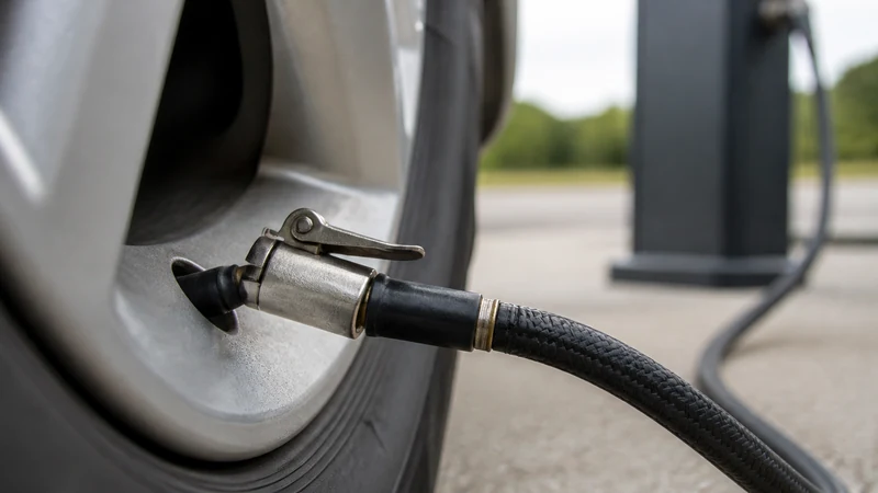 Inflating a tire in short bursts — air hose nozzle pressed onto the valve stem at a gas station pump