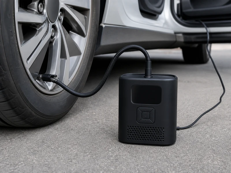 Portable 12V tire inflator plugged into a car power outlet, inflating a tire without a gas station pump