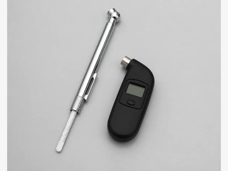 A basic pencil tire pressure gauge and a digital tire pressure gauge side by side on a neutral background