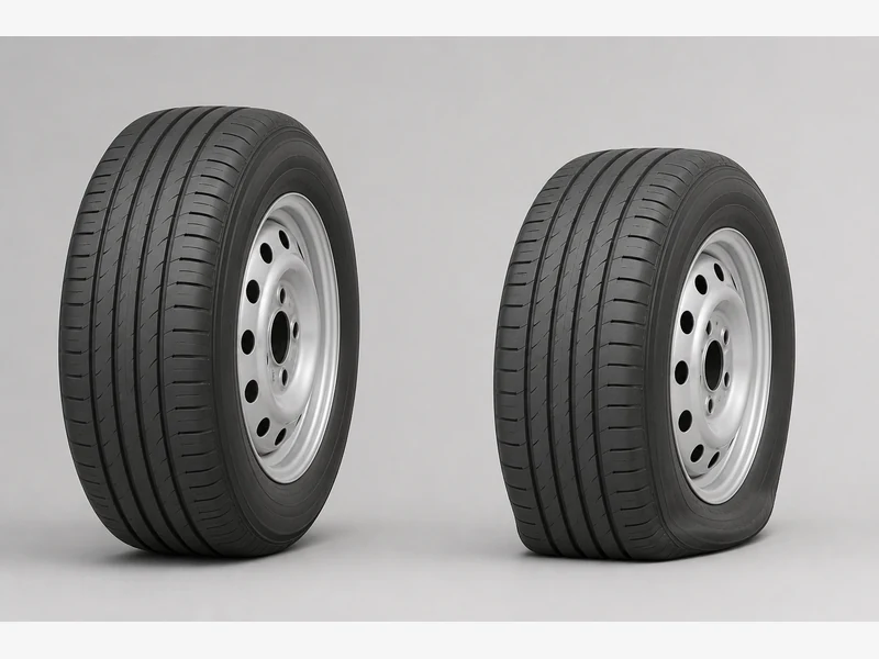 Side-by-side comparison of a properly inflated tire and an under-inflated tire with a bulging sidewall