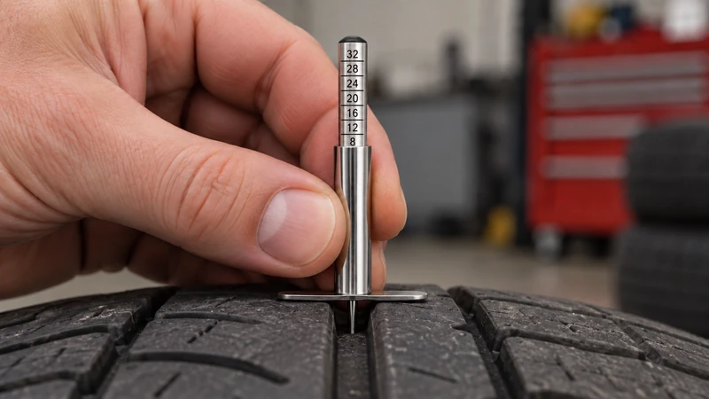 A barrel-style tread depth gauge measuring a tire tread groove, with its flat base resting on the tread blocks and its scale reading in 32nds of an inch