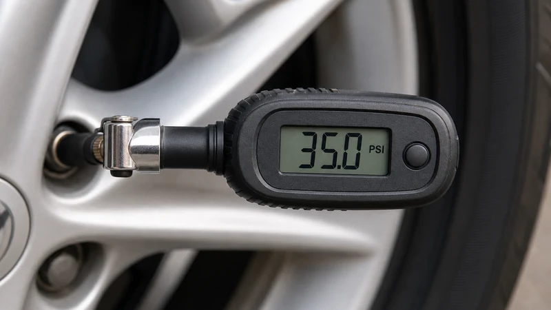 Digital tire pressure gauge pressed onto a valve stem between inflation bursts to verify the PSI