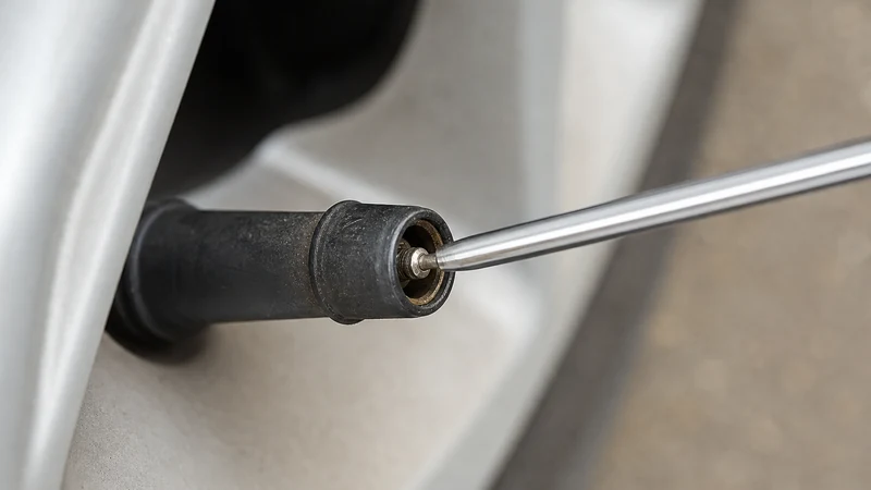 Small screwdriver or pen tip pressing the center pin of a valve stem to release excess air from an over-inflated tire