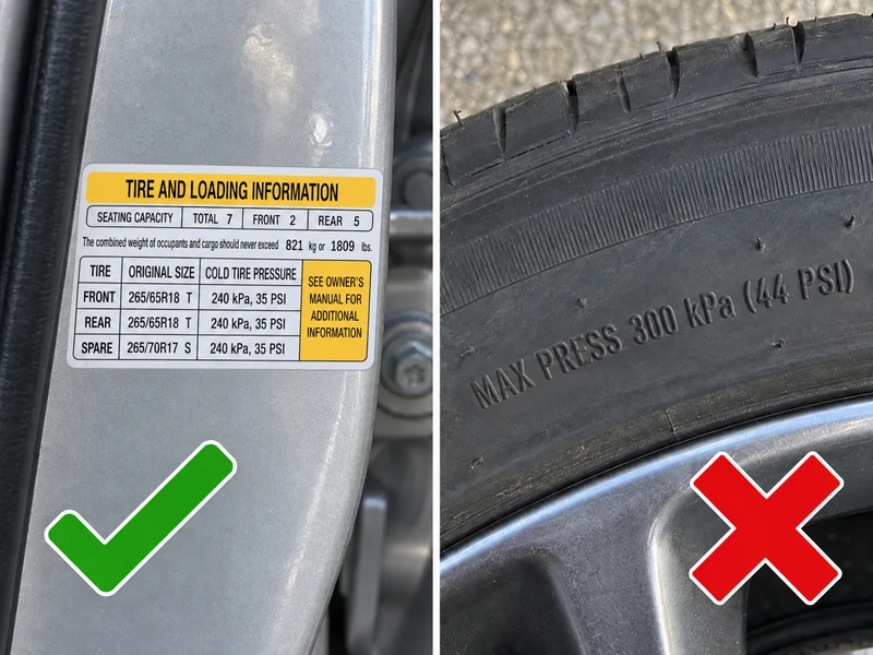 Comparison of the door jamb placard pressure versus the tire sidewall maximum pressure