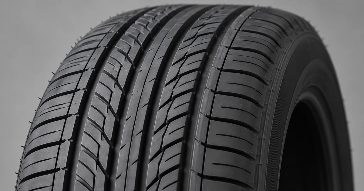 A brand new all-season tire with deep, crisp tread grooves and molding marks still visible on the rubber