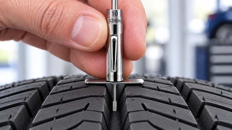 Measuring the tread depth of a brand new tire with a tread depth gauge before installation at a tire shop