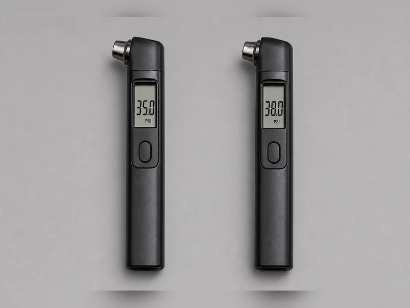 Two tire pressure gauges side by side: cold reading 35 PSI on the left, hot reading 38 PSI on the right after 30 minutes of highway driving