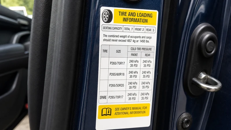 Driver-side door jamb sticker on an SUV showing manufacturer-recommended cold tire pressure for front and rear tires