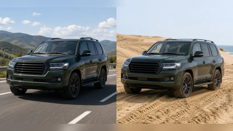 Split composition of the same SUV — left side on paved highway with door-jamb cold PSI, right side on sand at lower off-road PSI