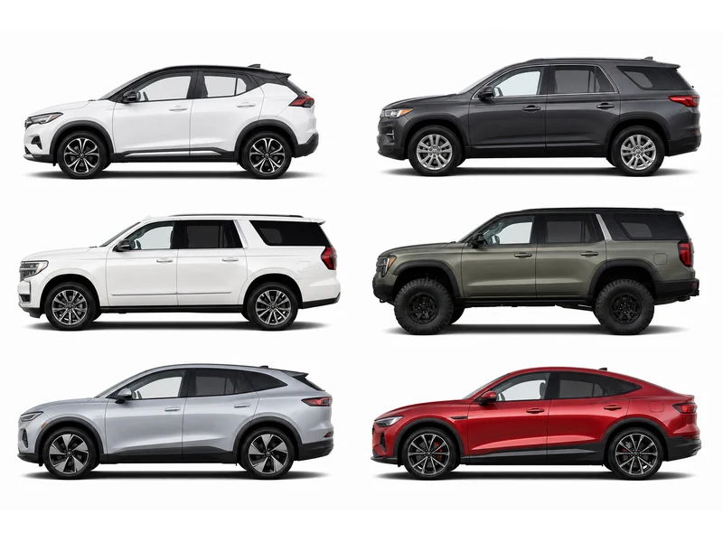 Six-up comparison lineup of SUV classes by typical cold tire pressure: compact crossover, mid-size, full-size, heavy-duty truck-based, EV SUV, and performance SUV