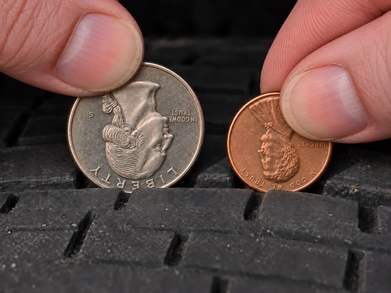 Three pennies in tire tread grooves side by side showing the three penny test outcomes: head fully visible, hairline visible, and head covered
