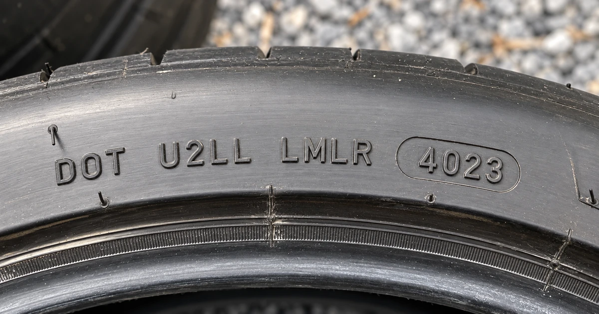 Close-up of a tire sidewall showing the DOT code ending in a 4-digit date code