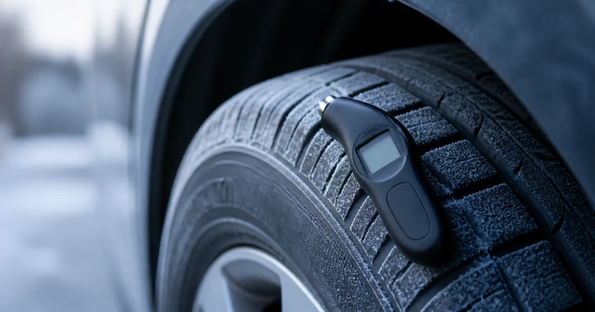 A car tire on a frosty cold morning with a tire pressure gauge showing a lower PSI reading due to cold weather