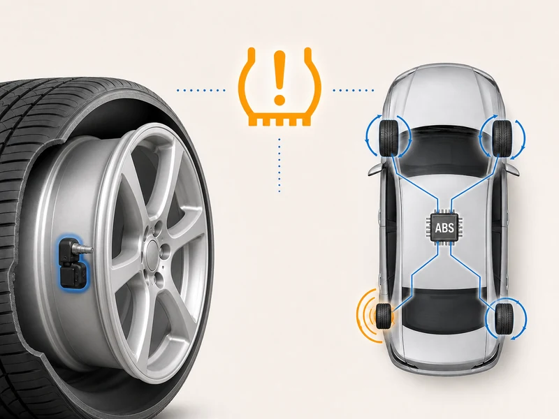 Side-by-side diagram of Direct TPMS (pressure sensor mounted on valve stem inside wheel) and Indirect TPMS (no sensor, uses ABS wheel speed sensors)