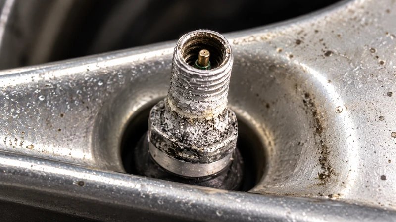 A corroded TPMS valve stem with white oxidation around the base