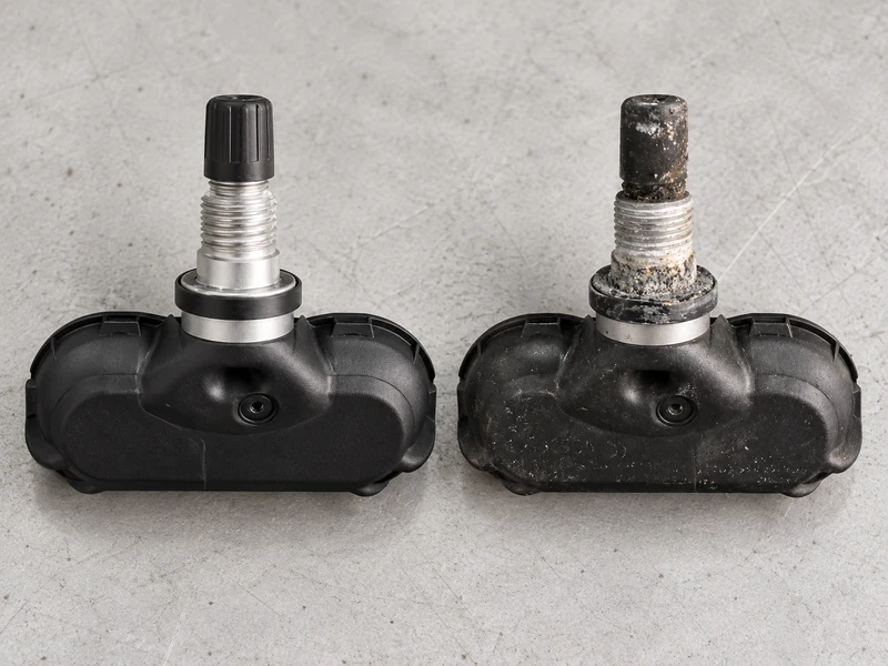 A new TPMS sensor beside an old one with a depleted sealed battery