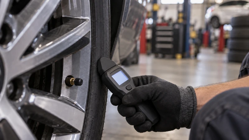 A technician holding a TPMS diagnostic tool against a tire's sidewall to ping the sensor