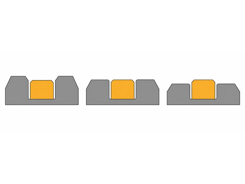 Three tire tread cross-sections side by side: tread above the wear bar, tread flush with the wear bar, and wear bar standing proud of the tread