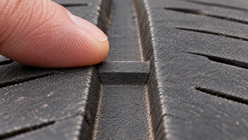 A fingertip running across a tire tread surface and over a wear bar to feel whether they are flush