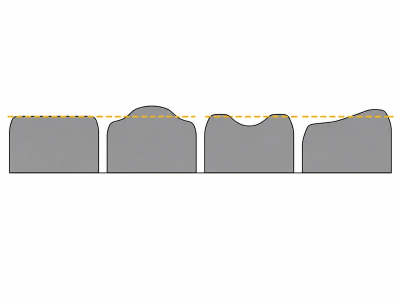 Comparison of four tire wear patterns at the wear bars: even wear, both shoulders worn, center worn, and one shoulder worn