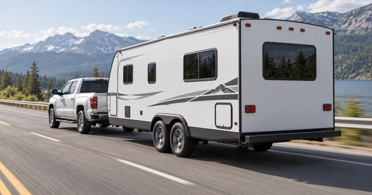 A white travel trailer being towed by a pickup truck on a highway, illustrating trailer TPMS monitoring