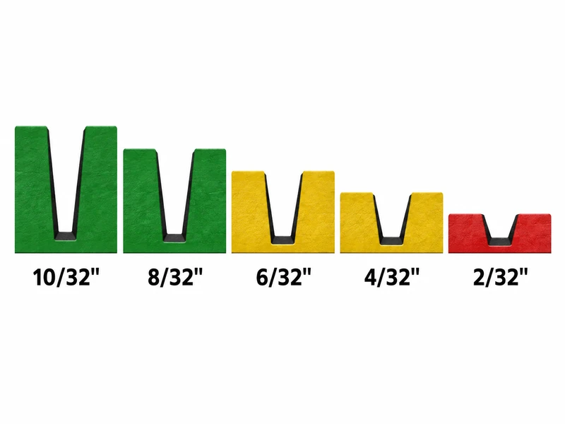 Tire tread depth chart infographic showing tread cross-sections at 10/32, 8/32, 6/32, 4/32, and 2/32 inch with color-coded status