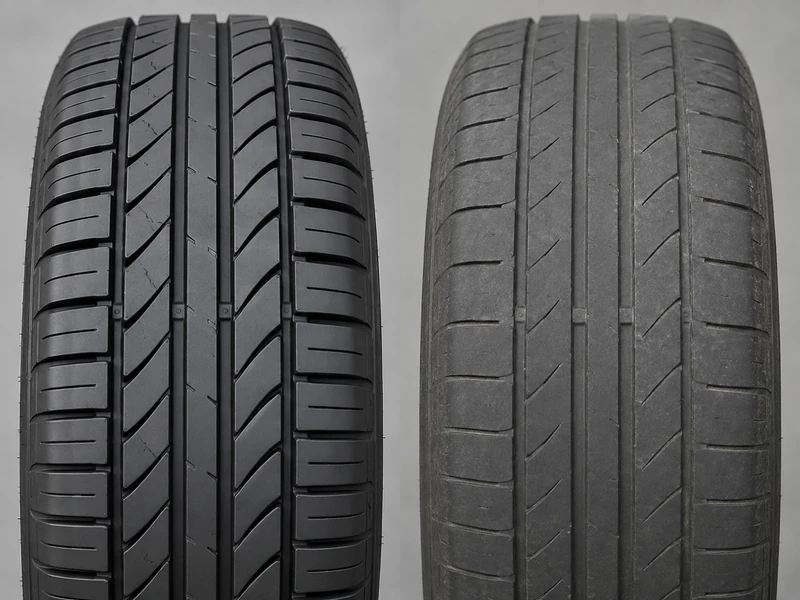 Side-by-side comparison of a new tire with deep 10/32 inch tread grooves and a worn tire with shallow 3/32 inch grooves