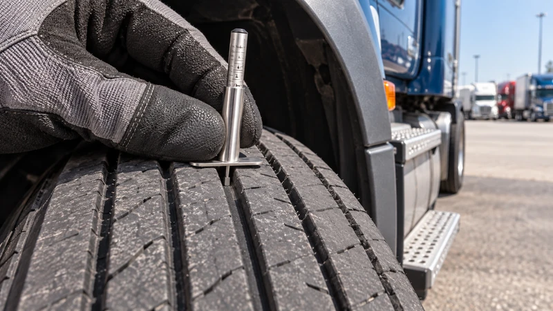 The steer axle tire of a semi truck being measured for tread depth during a DOT inspection