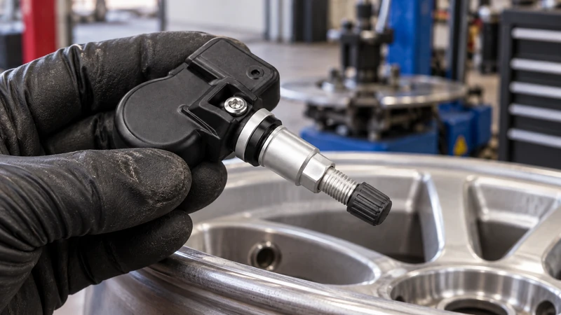 A TPMS sensor with integrated valve stem removed from a wheel