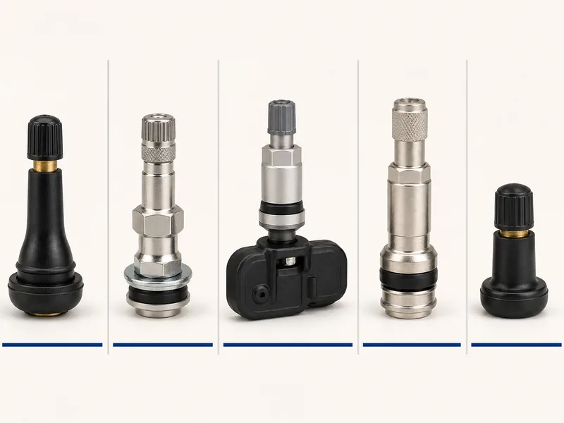 Comparison photo of 5 tire valve stem types: rubber snap-in, metal clamp-in, TPMS-integrated, high-pressure metal, and short rubber spare
