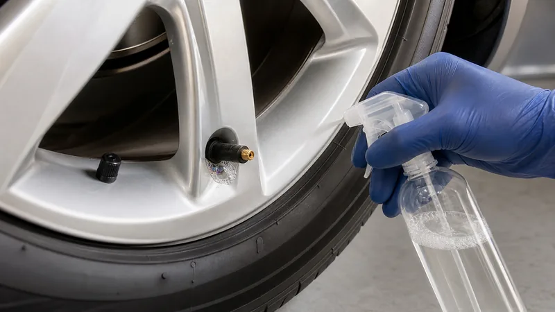 Soapy water spray bottle being applied to a tire valve stem, with bubbles forming to reveal escaping air