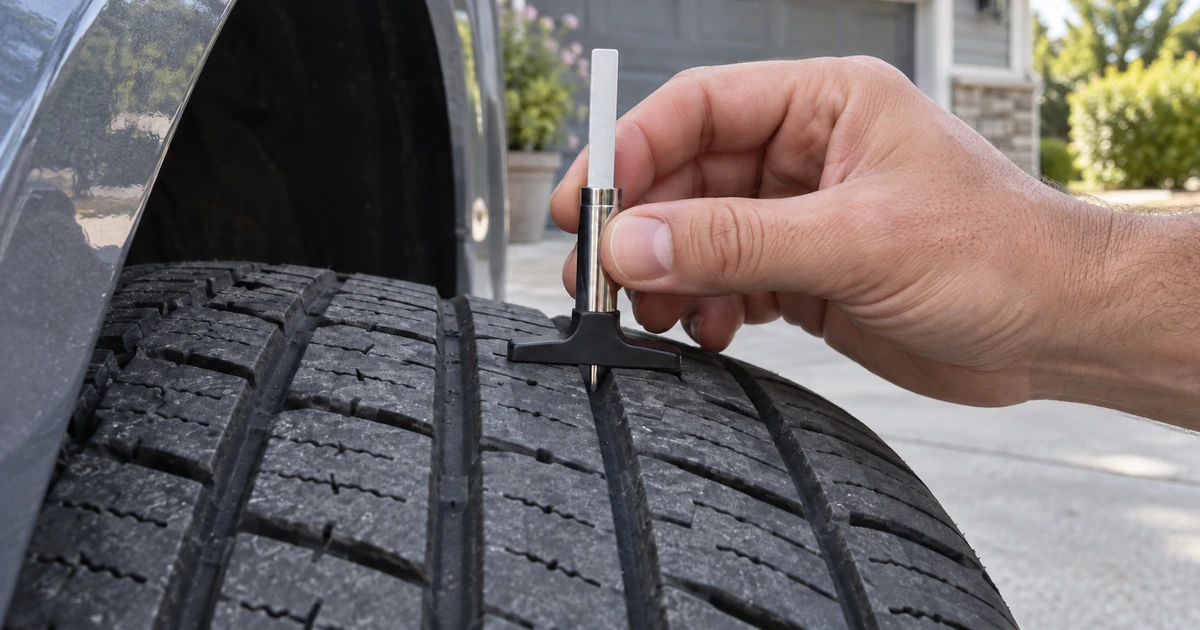 A driver inspecting a car tire with a tread depth gauge to decide whether it is time to replace the tires