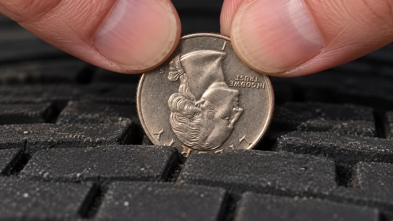 A quarter inserted head-down into a tire tread groove to check whether tread is below the 4/32 inch replacement threshold